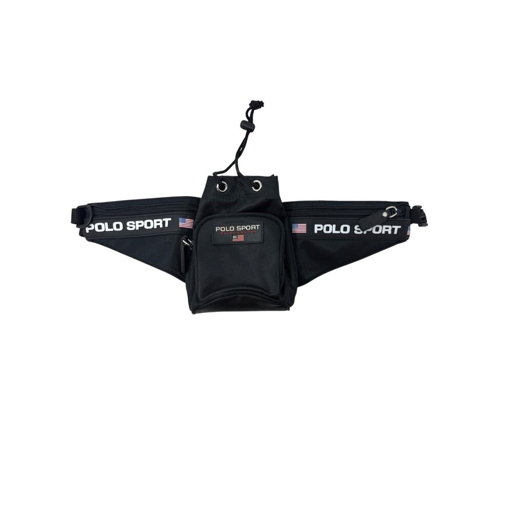 Vintage 90s Polo Sport Ralph Lauren Waist Bag Black Nylon Utility USA Flag
